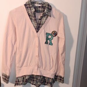Women's Pink Cardigan with Plaid Shirt